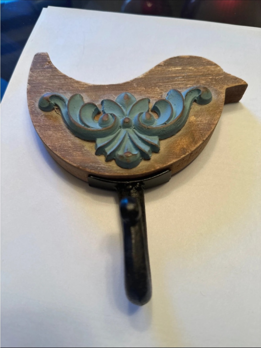 Decorative Bird Wall Hook in Teal and Brown - Rustic Home Accent